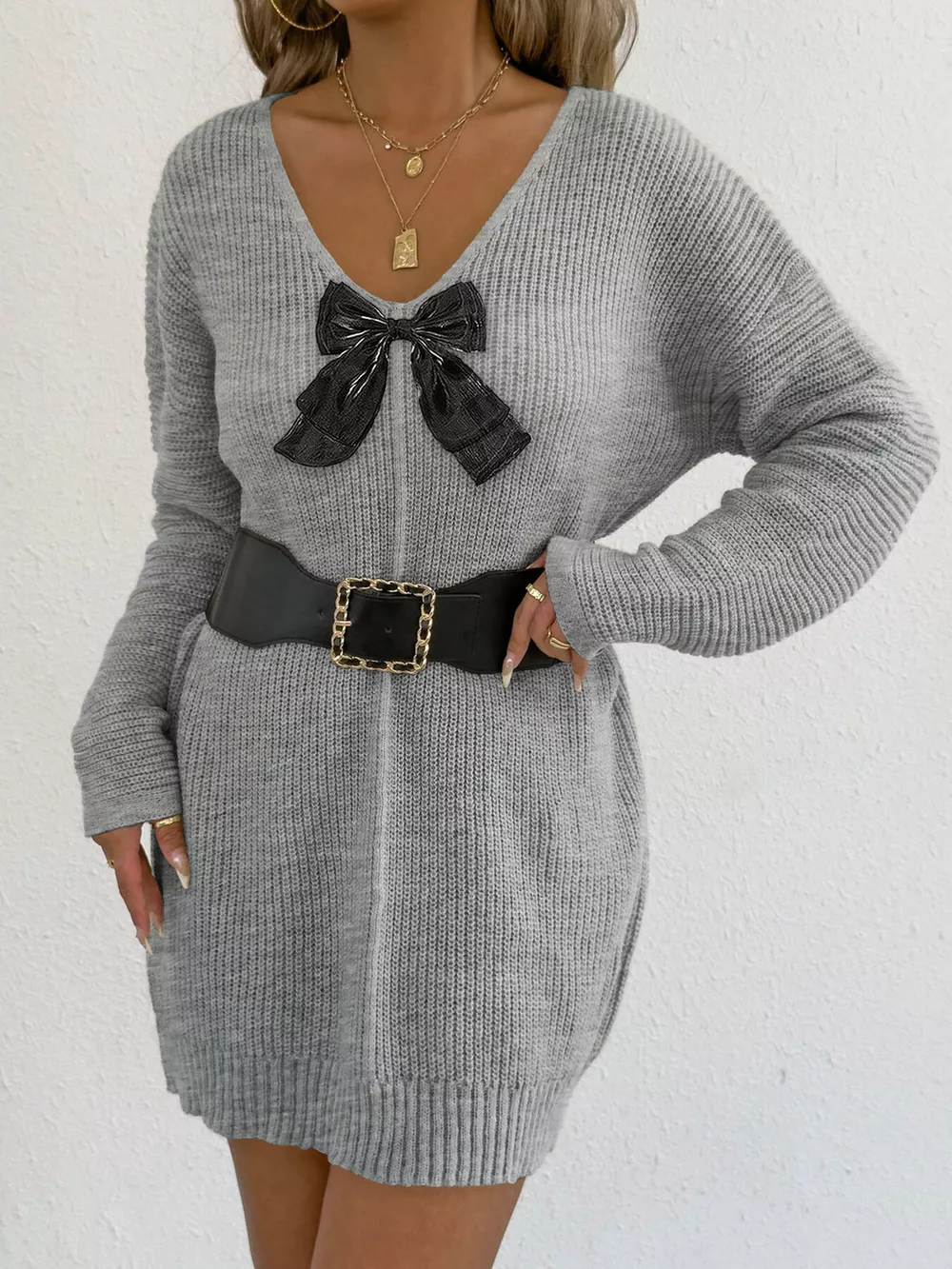 Bow Ribbed Knit Sweater Dress, image 5