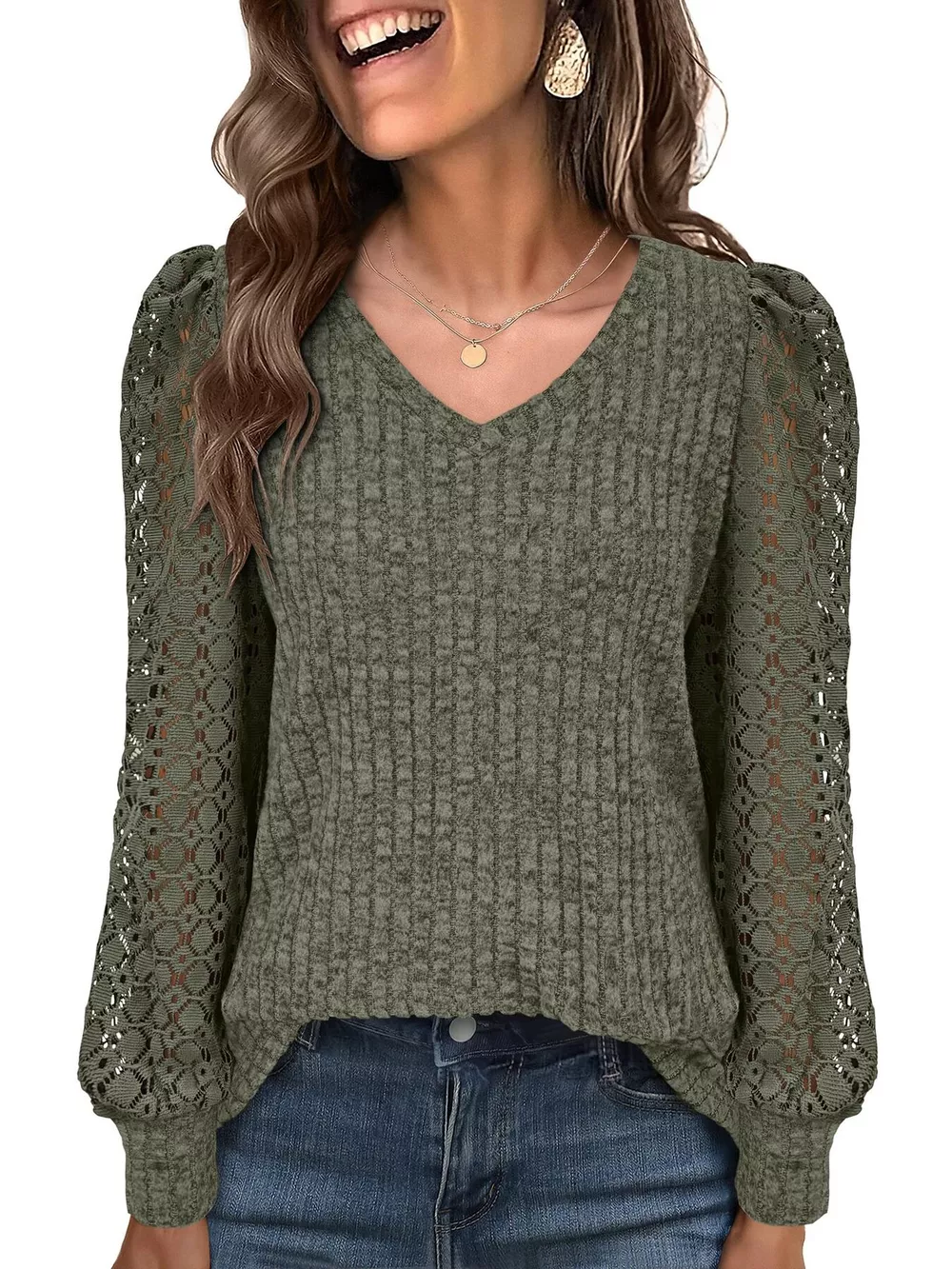 Lace Sleeve V-Neck T-Shirt, image 25