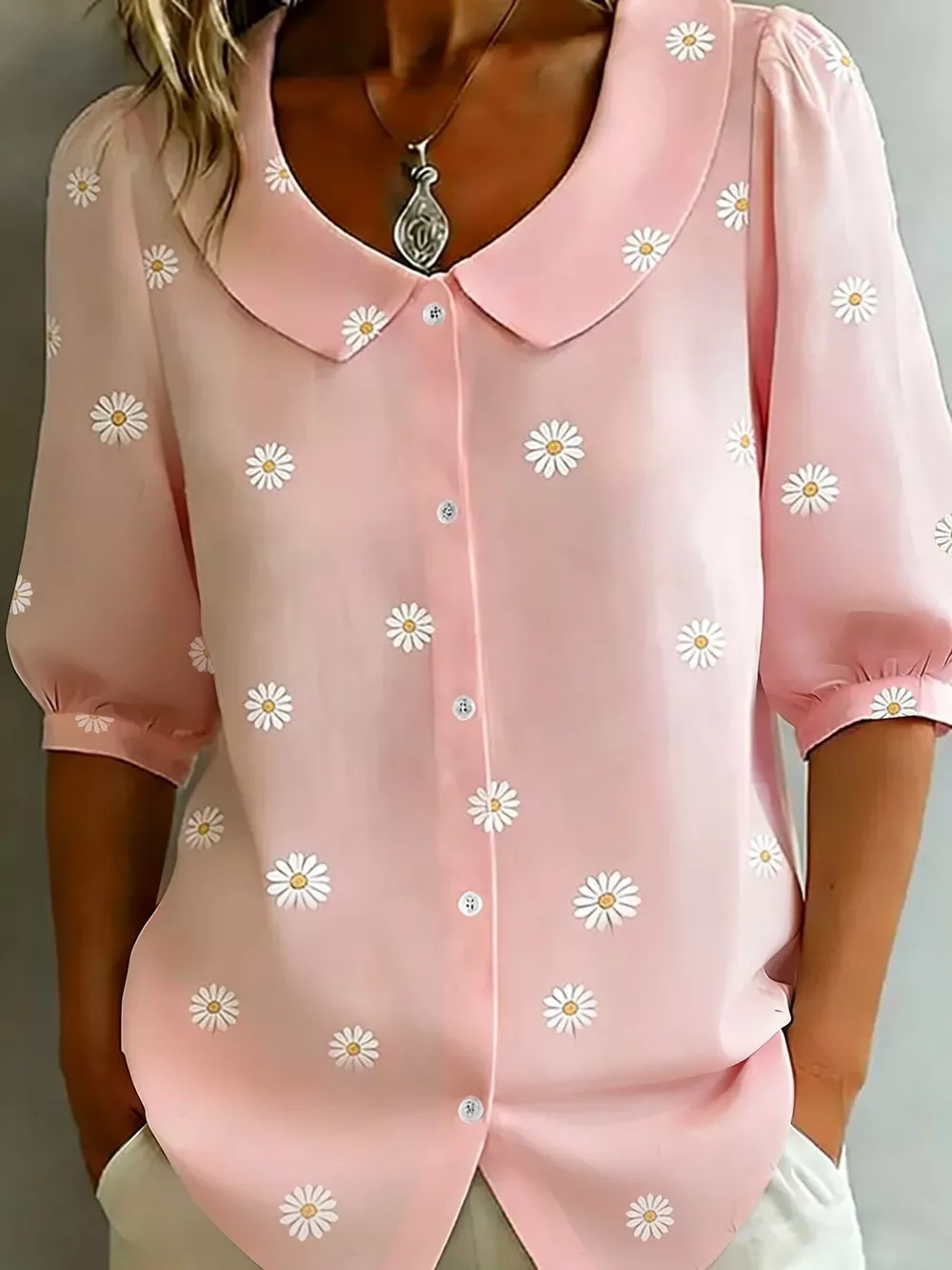 Daisy Print Peter Pan Collar Button-Down Shirt