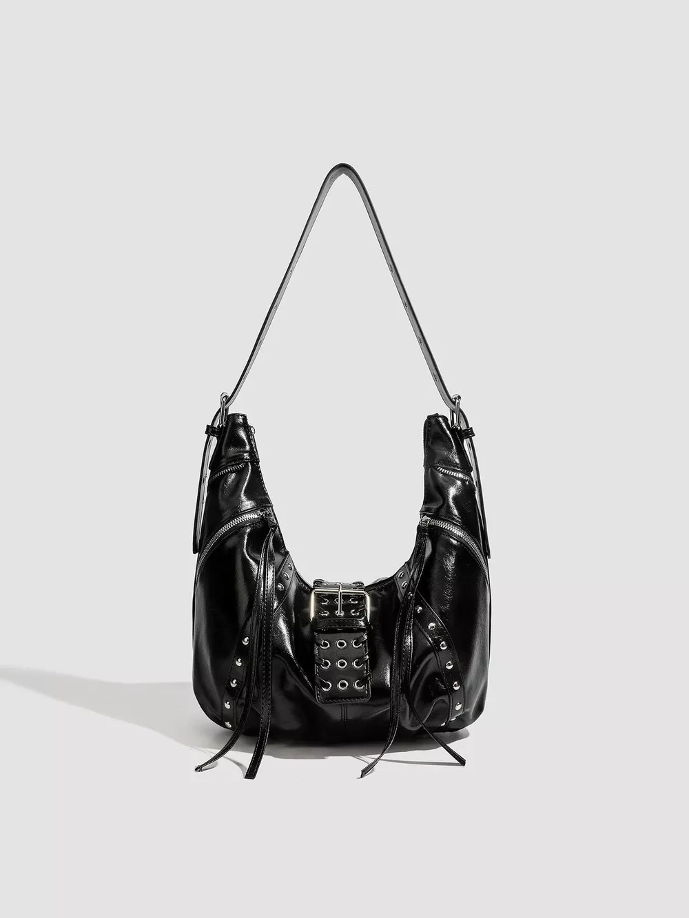 Studded Patent Leather Hobo Shoulder Bag, image 4