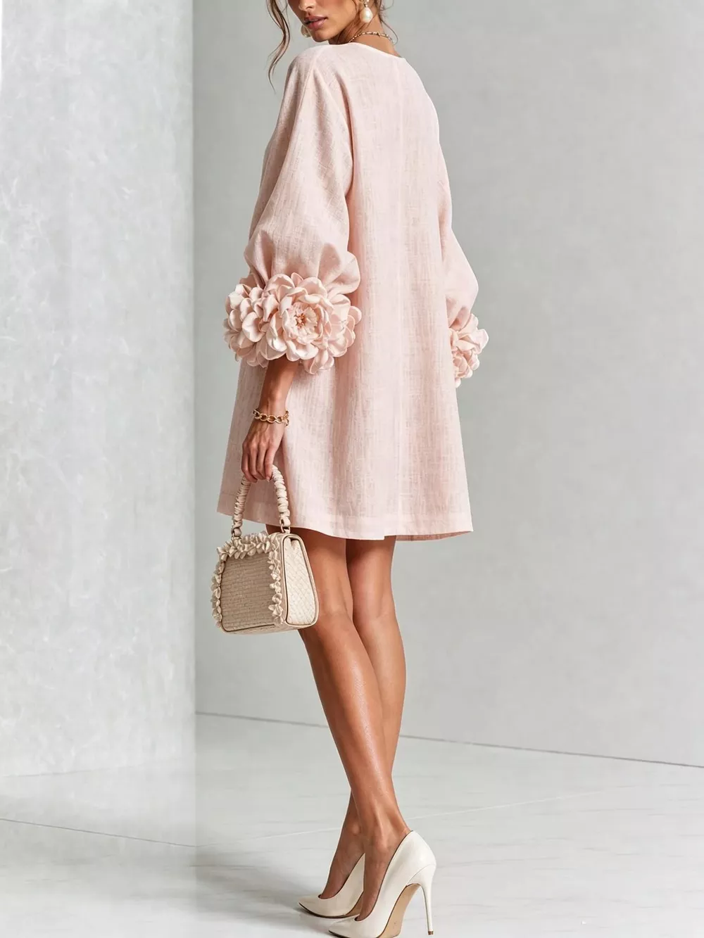 3D Floral 3/4 Sleeve Mini Dress, image 2