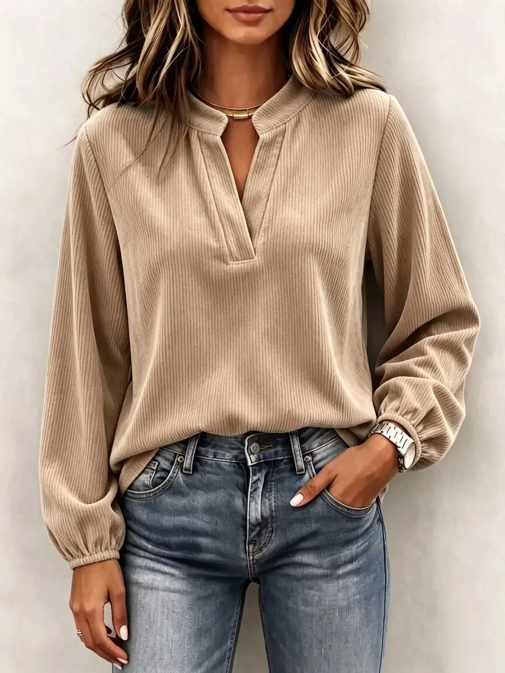 Full Size Corduroy Notched Long Sleeve Top Plus Size, image 2