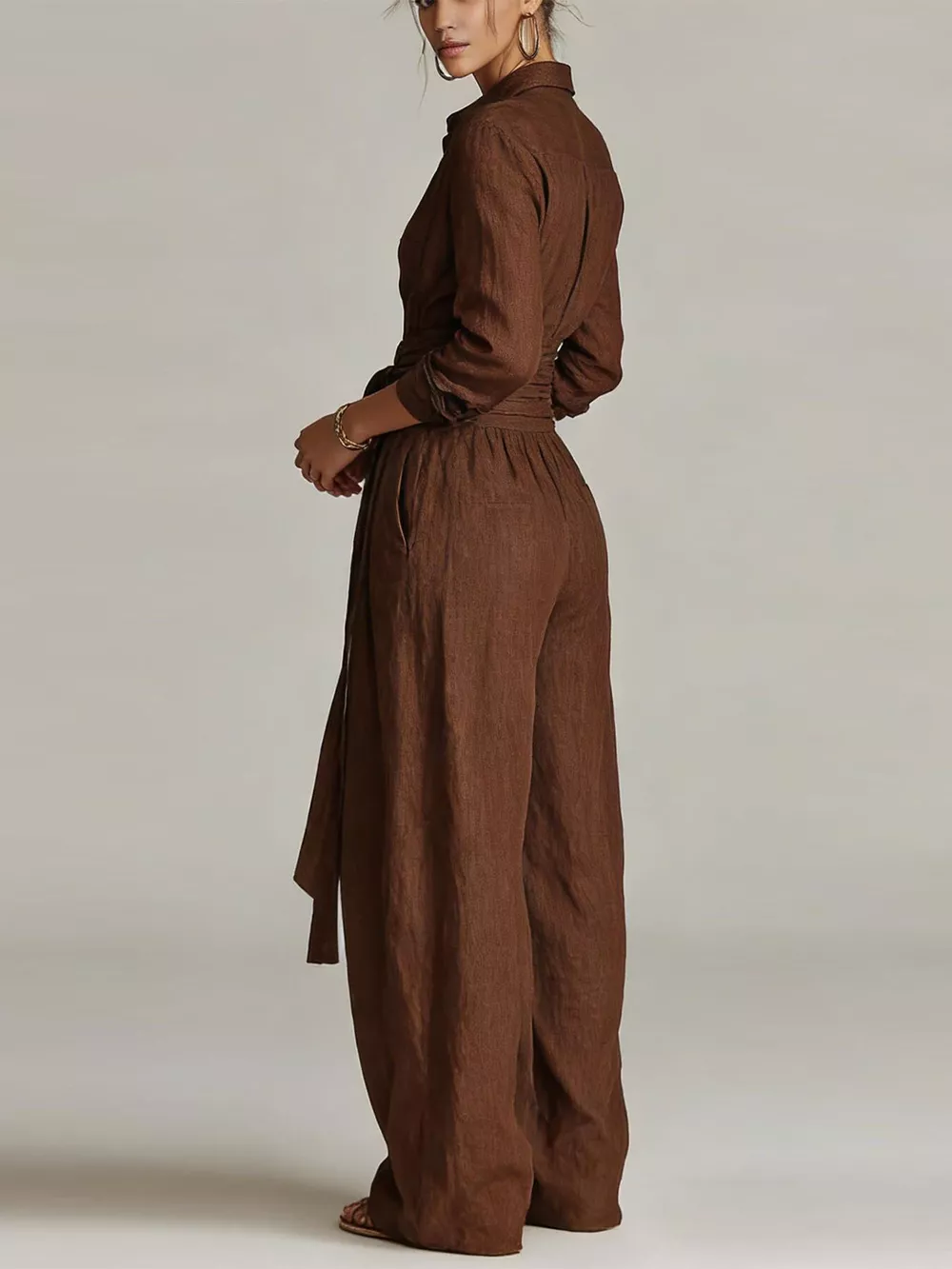 Long-Sleeve Button-Down Waist-Tie Jumpsuit, image 5