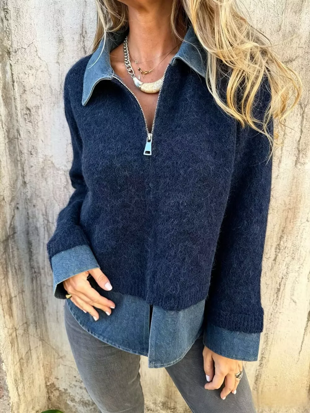 Contrast Denim Collar Half-Zip Knit Sweater, image 10