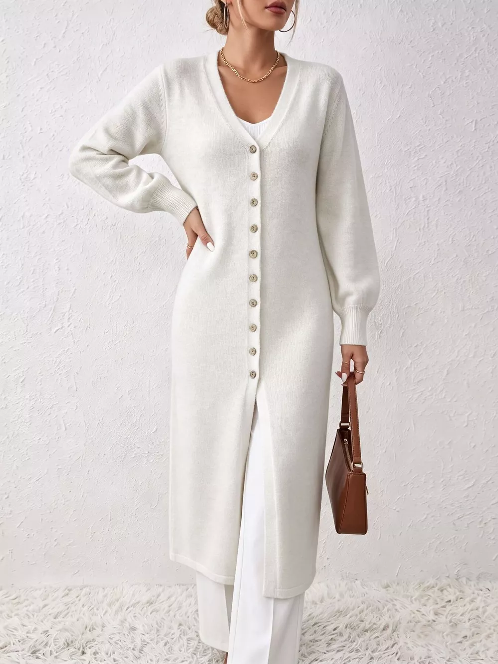 Button Front Long Sleeve Sweater Dress, image 9