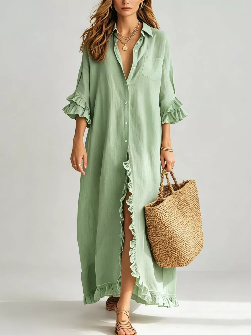 Full Size Ruffled Trim Button-Down Maxi Shirt Dress Plus Size, image 7