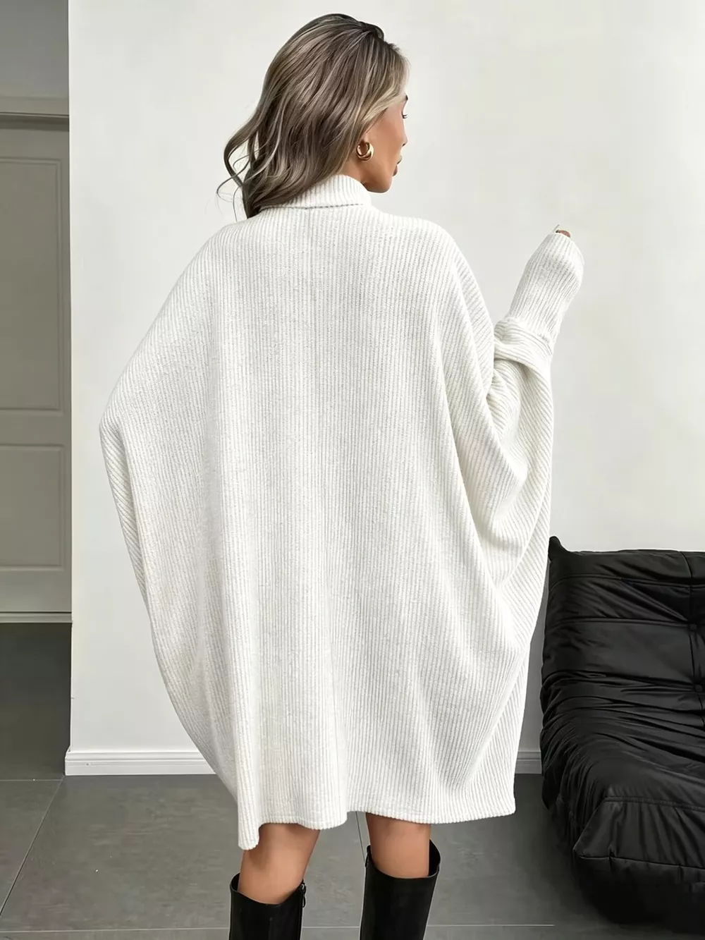 Oversized Batwing Sleeve Ribbed Knit Turtleneck Dress, image 16