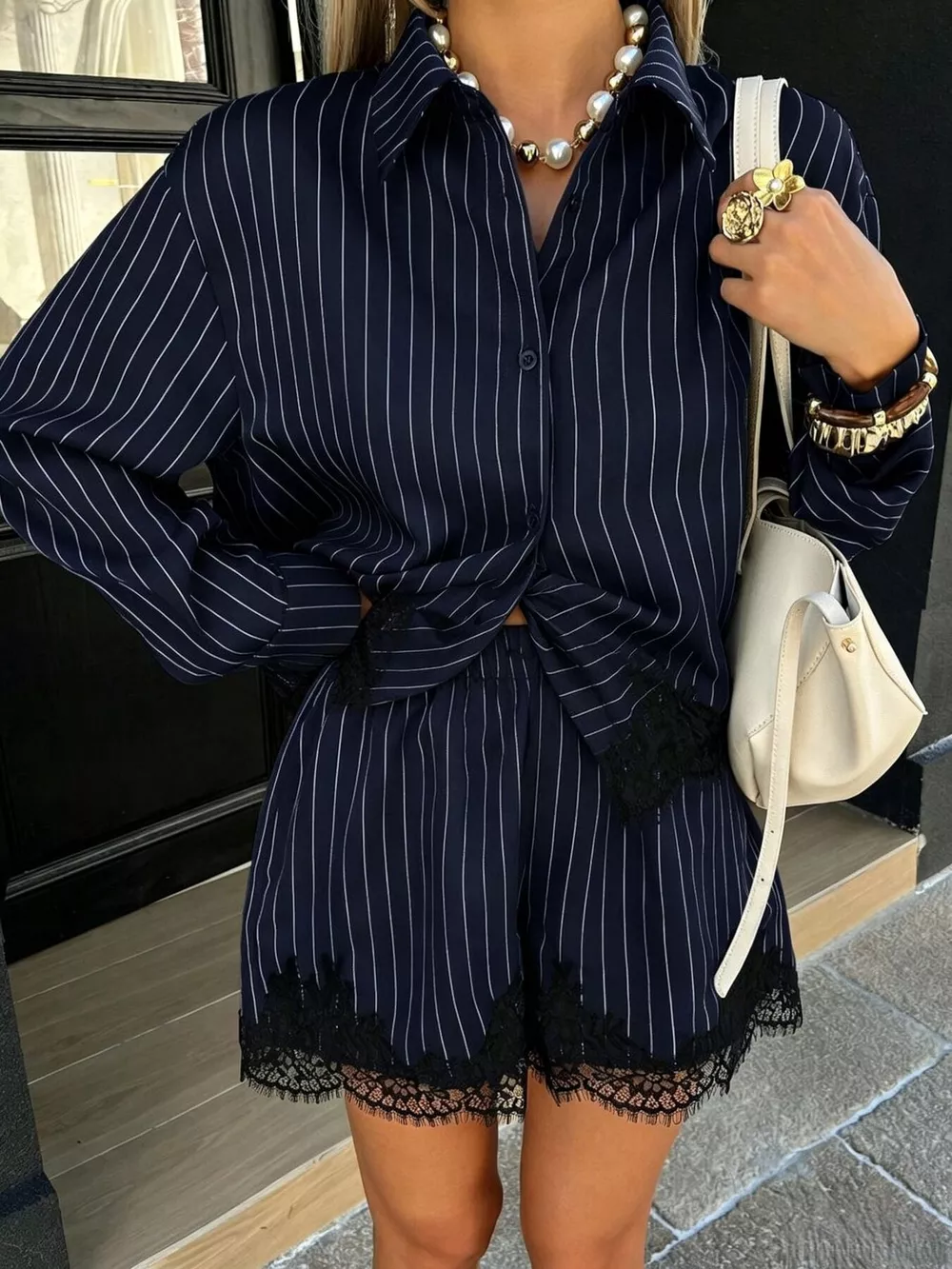 Lace Trim Striped Button-Down Shirt and Shorts Set, image 8