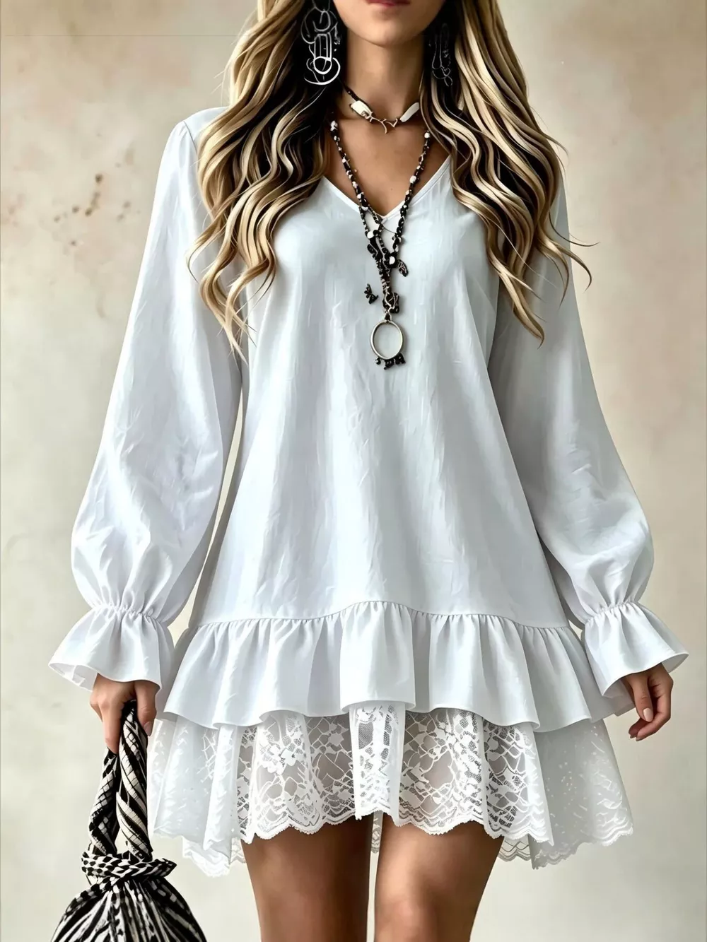 V-Neck Long Sleeve Ruffle Hem Lace Detail Dress, image 11