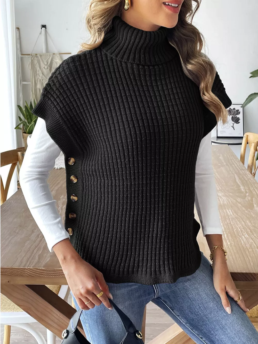 Turtleneck Side Decor Button Sweater Vest, image 6