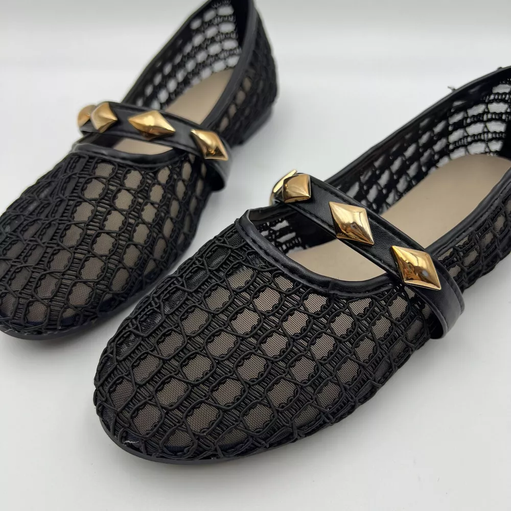 Breathable Mesh Loafers with Decorative Gold Studded Straps