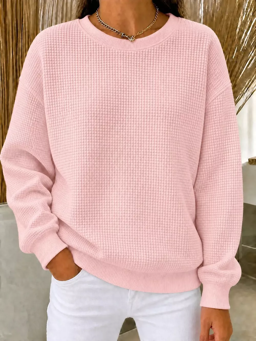 Full Size Waffle Knit Crewneck Sweatshirt Plus Size, image 7