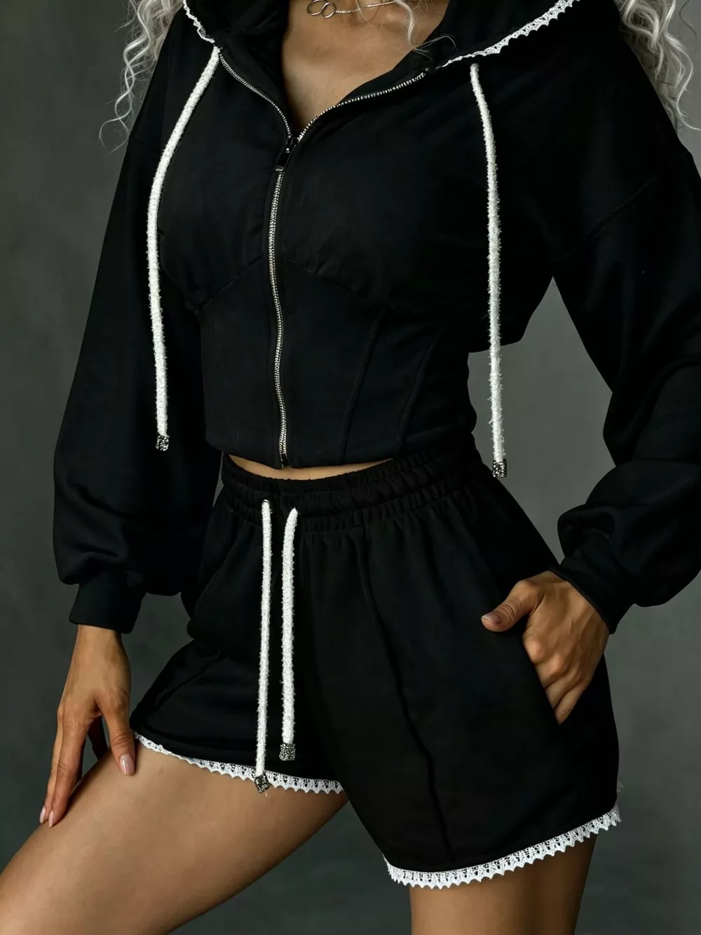 Drawstring Zip-Up Hoodie and Shorts Set, image 7