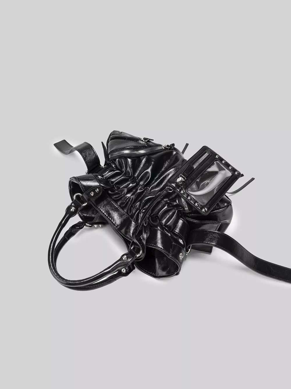 Patent Leather Ruched Crossbody Bag with Detachable Card Holder, image 6