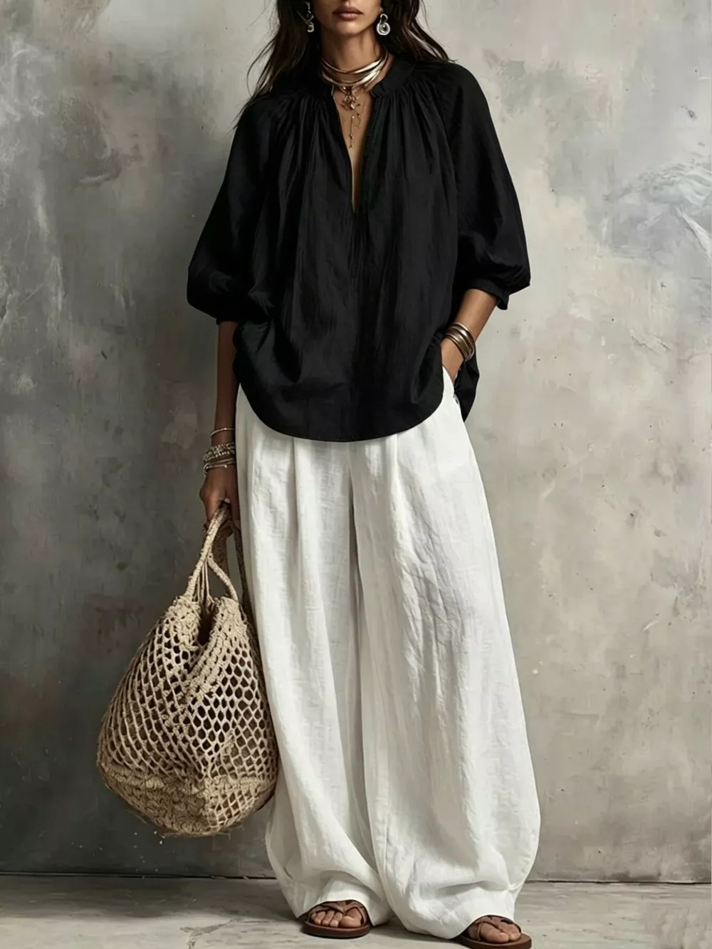 Notched Blouse and Wide-Leg Pants Set