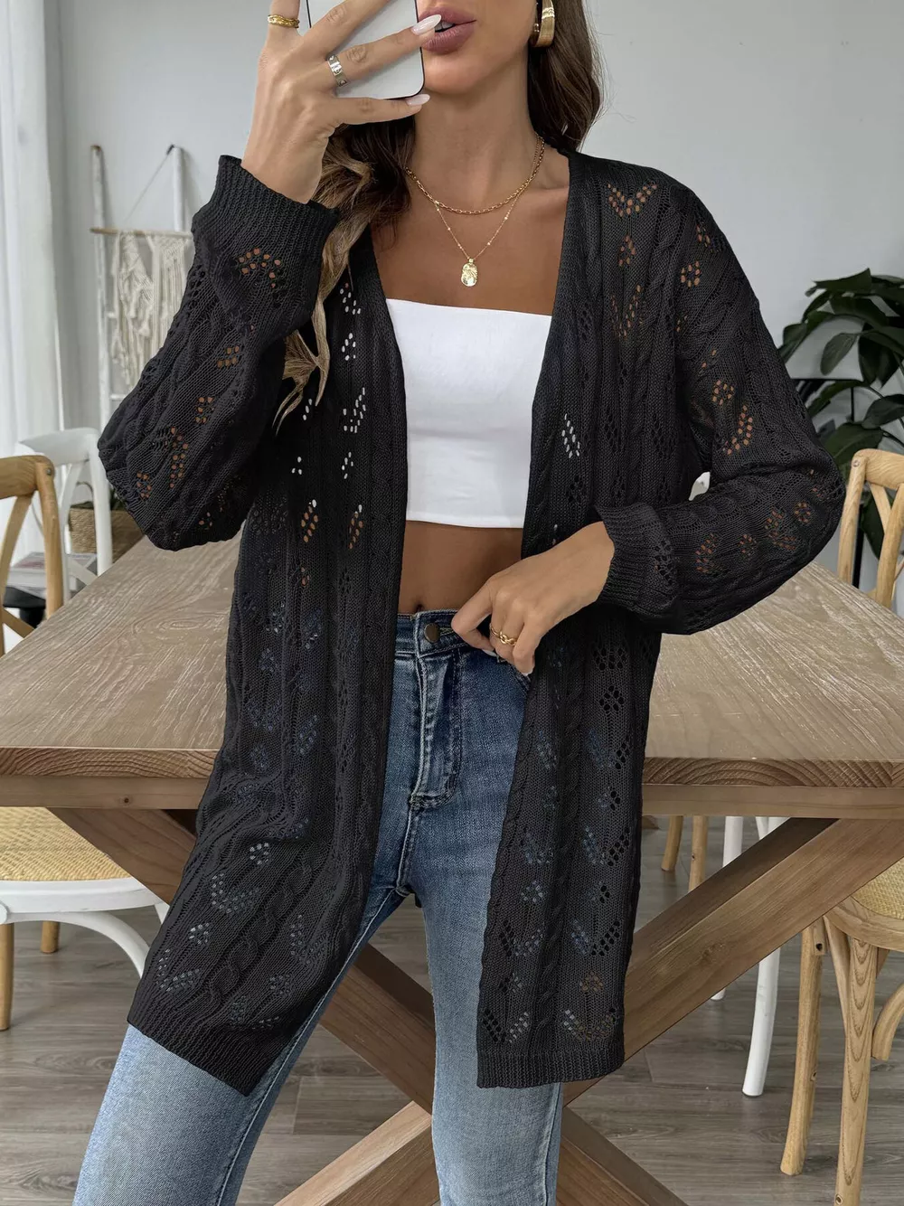 Openwork Open Front Knit Cardigan