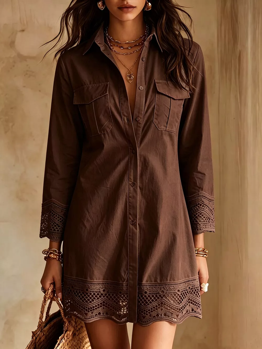 Button-Down Shirt Dress with Lace Trim, image 3