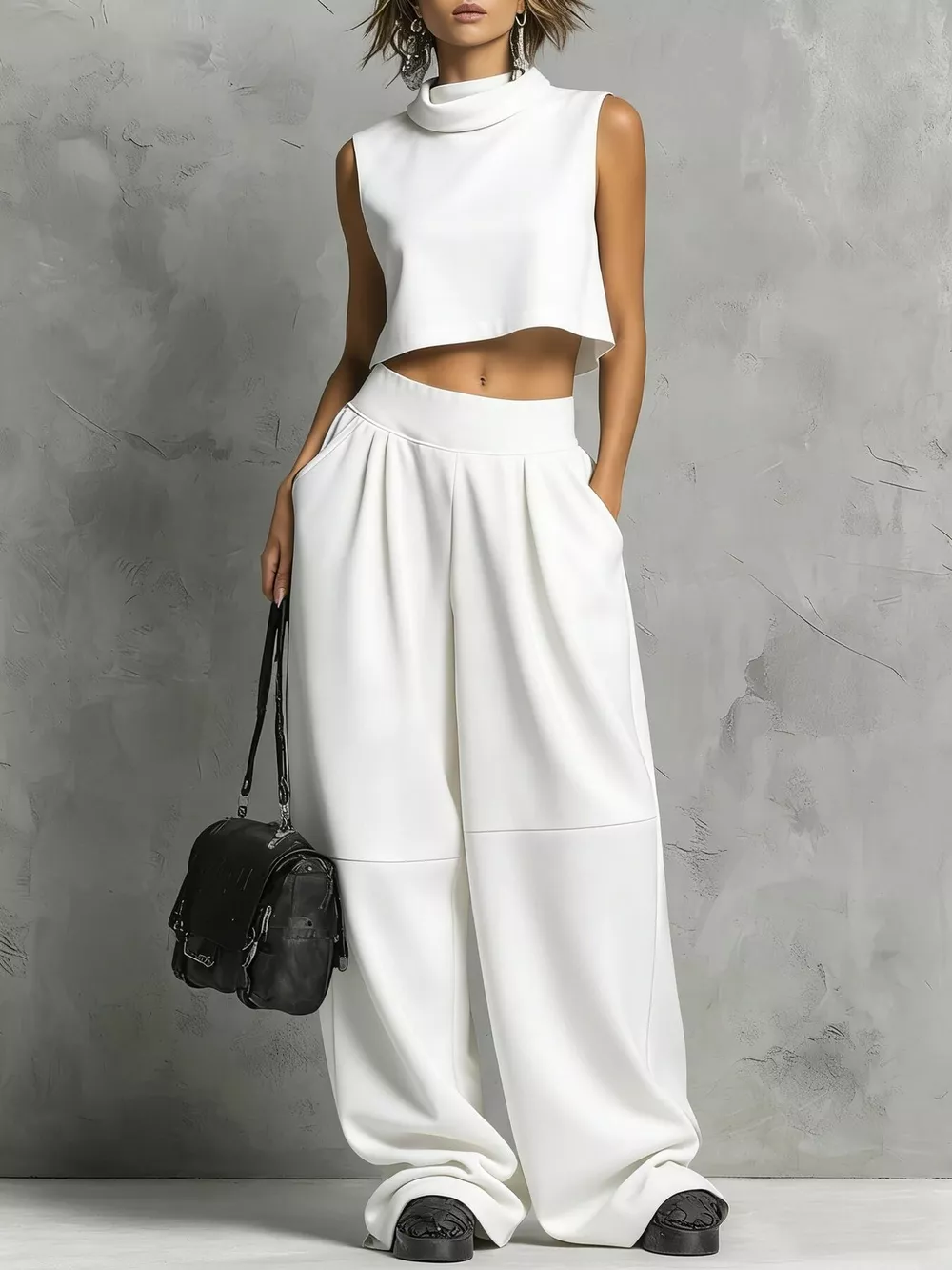 Sleeveless Mock Neck Crop Top and Wide-Leg Sweatpants Set, image 7
