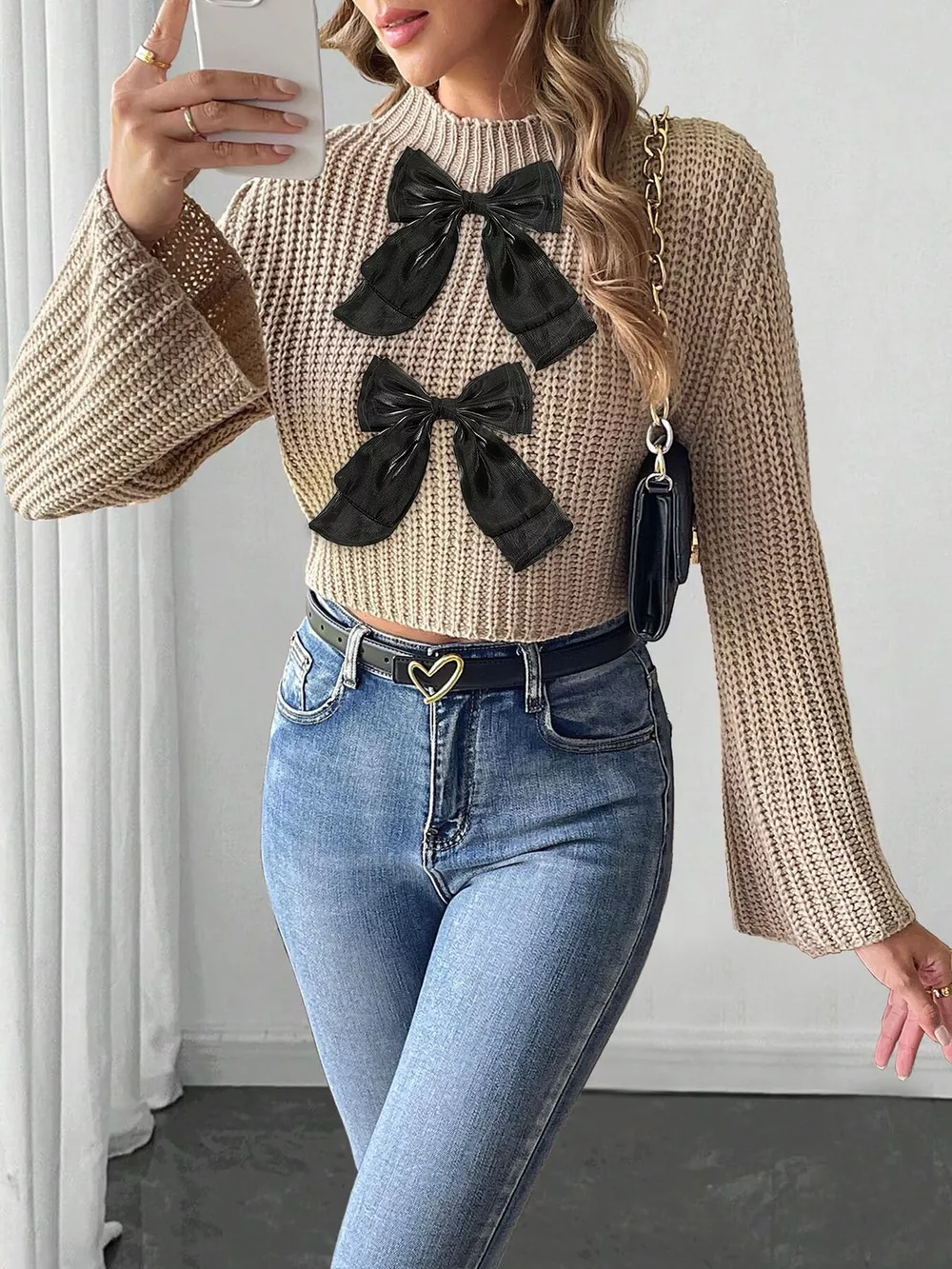 Bow-Decorated Mock Neck Cropped Sweater, image 2