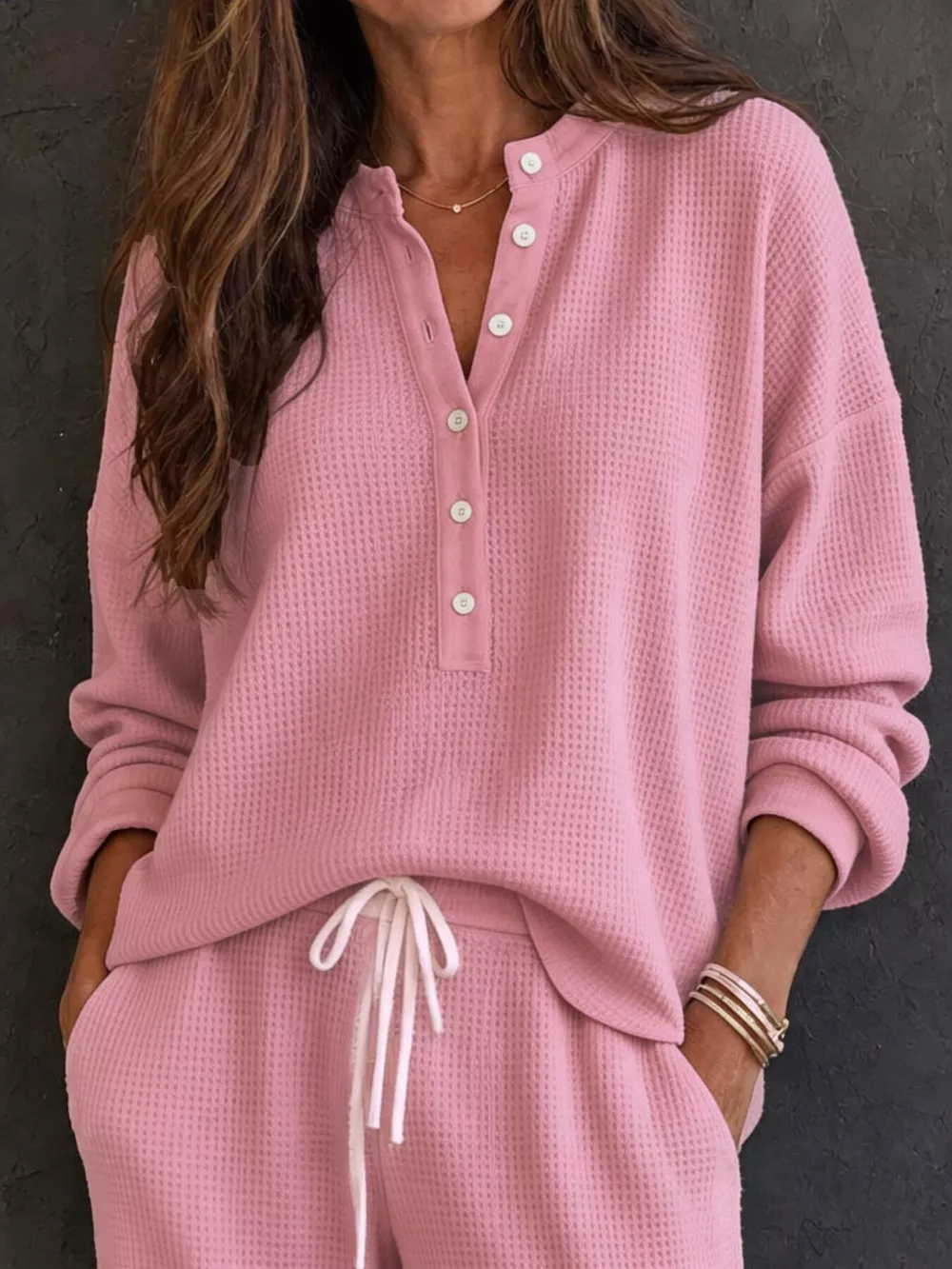 Waffle Knit Button Detail Top and Pants Set, image 9