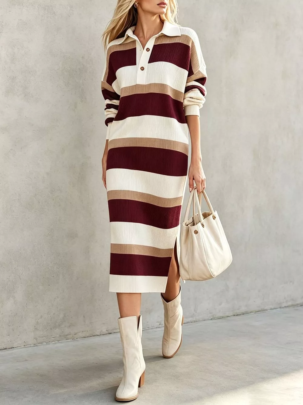 Striped Polo Collar Long Sleeve Sweater Dress, image 7