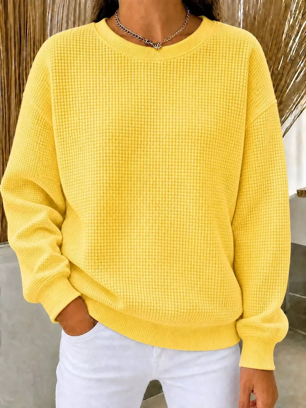 Full Size Waffle Knit Crewneck Sweatshirt Plus Size