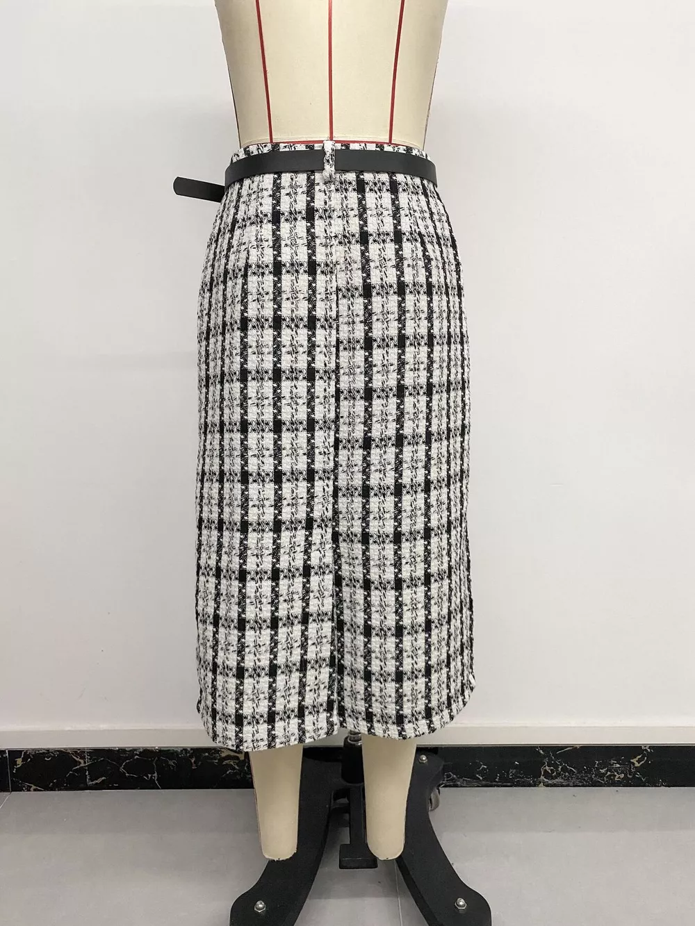 High-Waisted Tweed Plaid Midi Skirt, image 15
