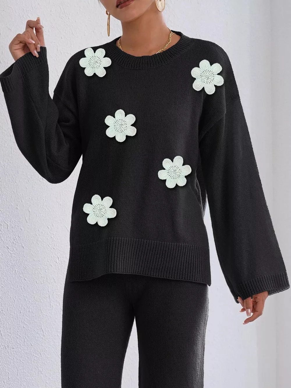 Floral Applique Crew Neck Sweater, image 2