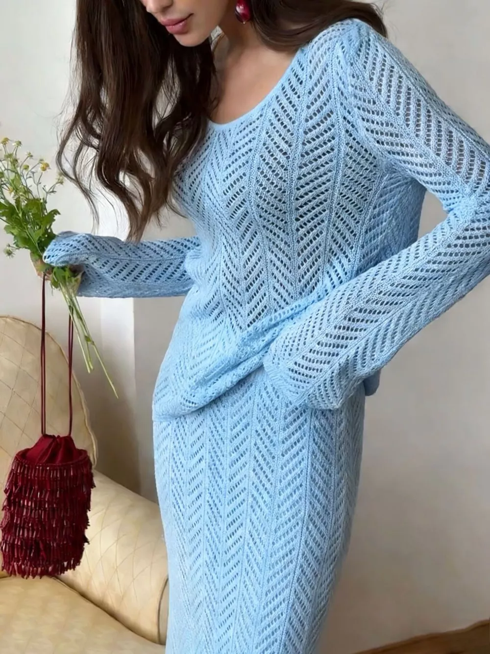 Openwork Long Sleeve Knit Top and Skirt Set, image 11