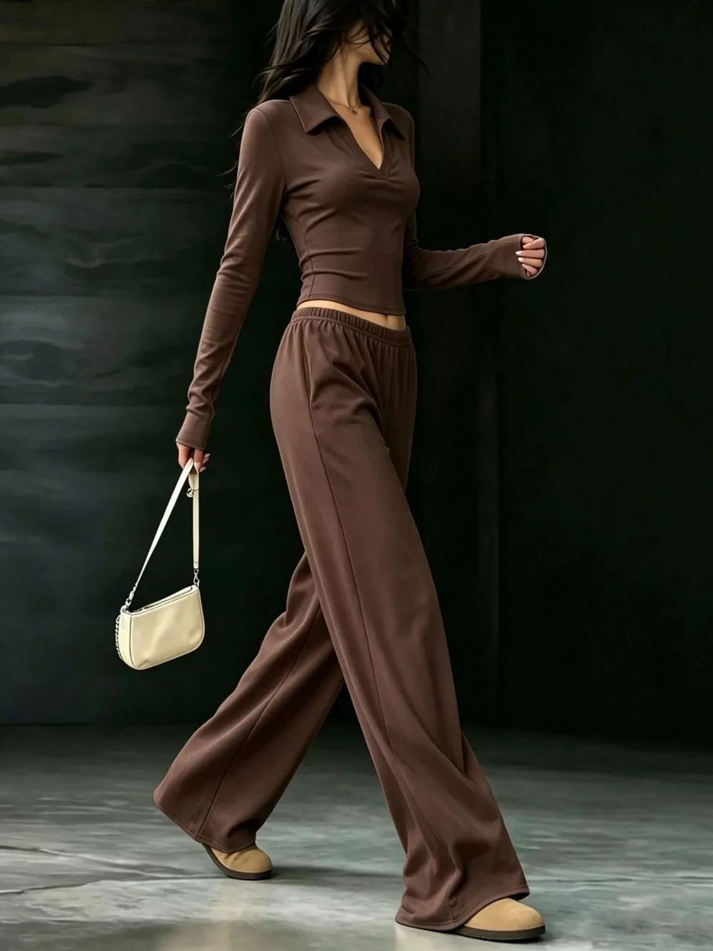 Solid Color Long Sleeve Polo Collar Top and Wide Leg Pants Set, image 14