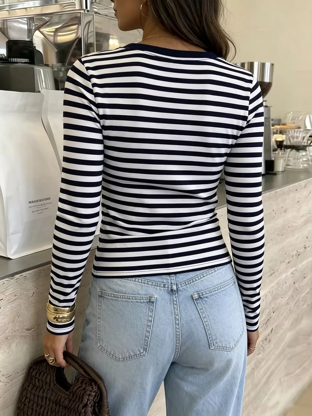 Striped V-Neck Long Sleeve T-Shirt, image 4