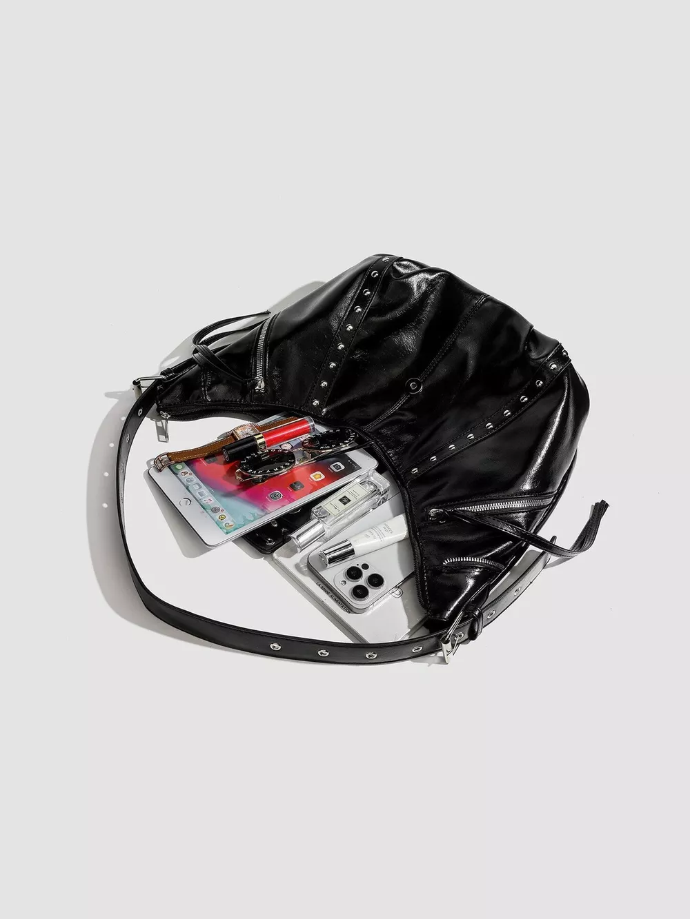 Studded Patent Leather Hobo Shoulder Bag, image 6