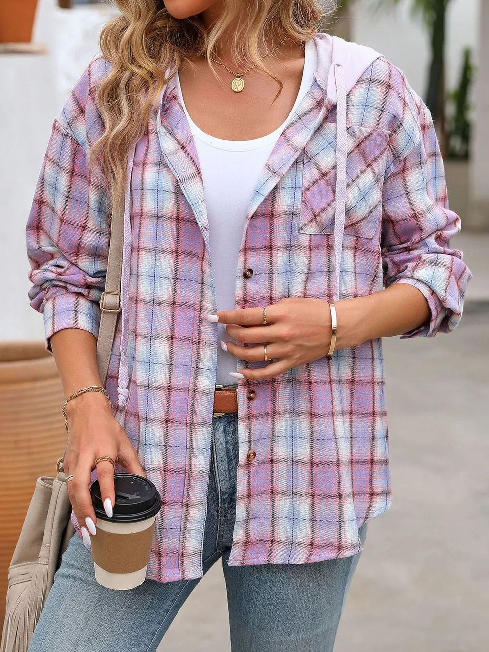 Hooded Plaid Button-Up Shirt, image 18