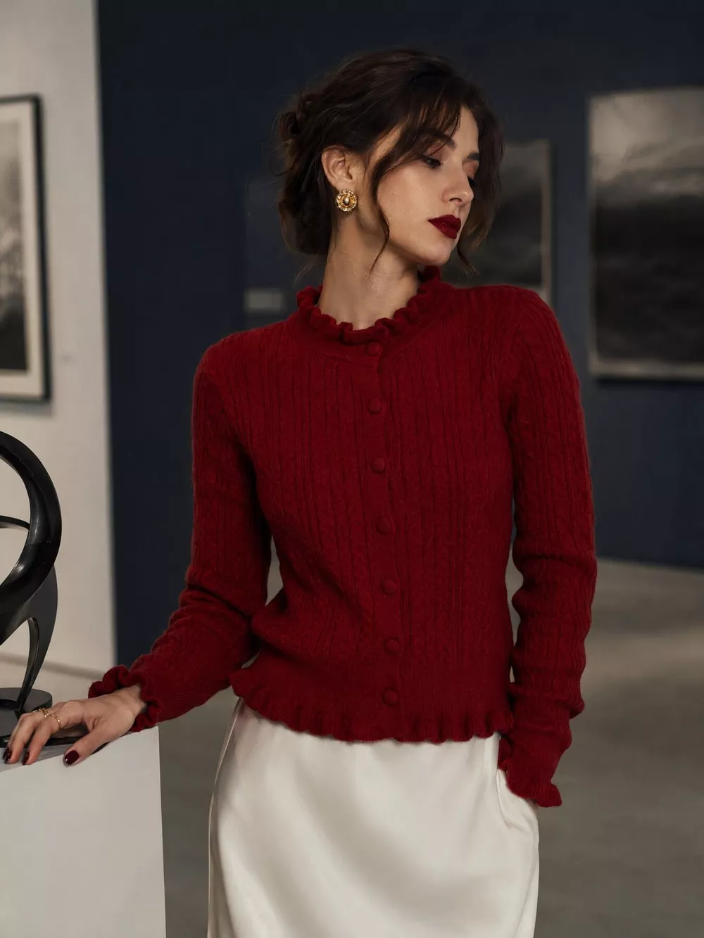 Cable-Knit Ruffle-Trim Cardigan, image 17