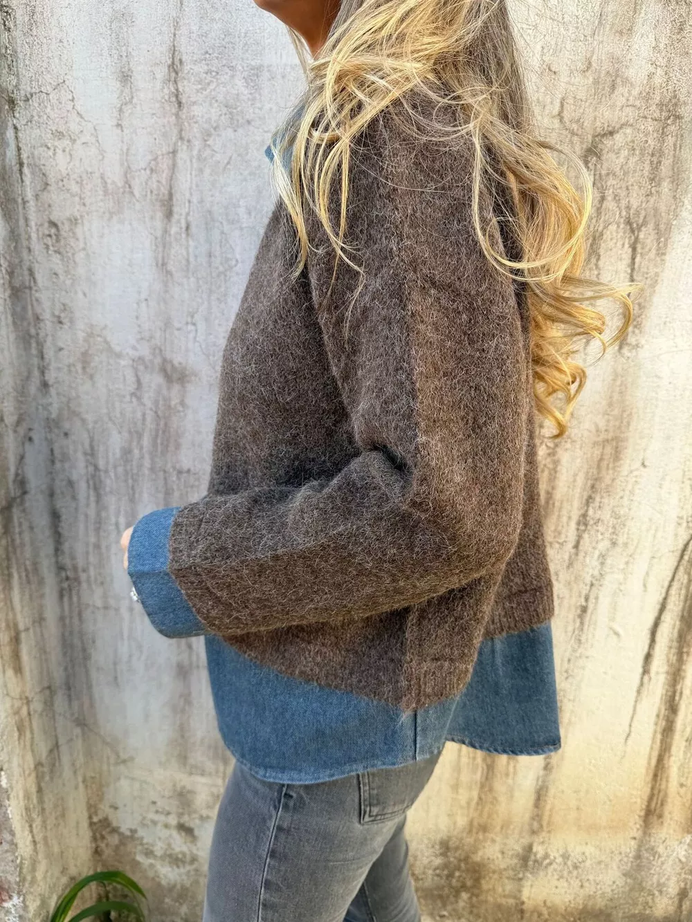 Contrast Denim Collar Half-Zip Knit Sweater, image 3