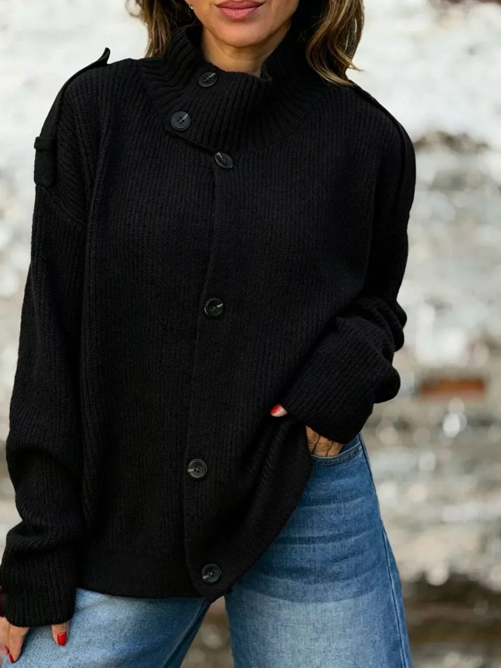 Full Size Button-Up Mock Neck Cardigan Plus Size, image 9