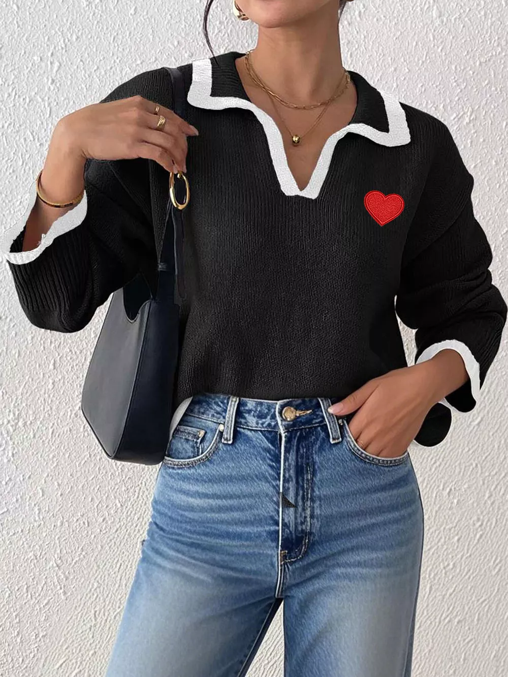 Contrast Trim Heart Embroidered Polo Collar Sweater, image 8