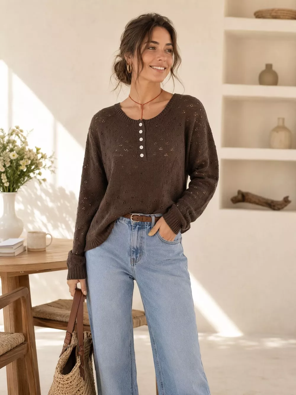 Pointelle Button-Front Round Neck Knit Top, image 16