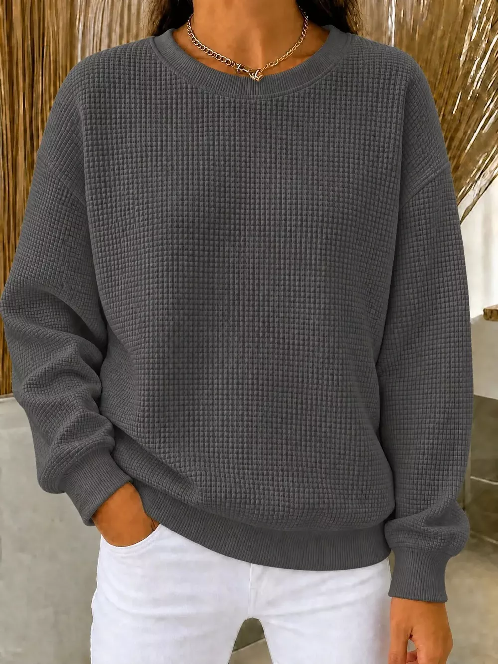 Full Size Waffle Knit Crewneck Sweatshirt Plus Size, image 19