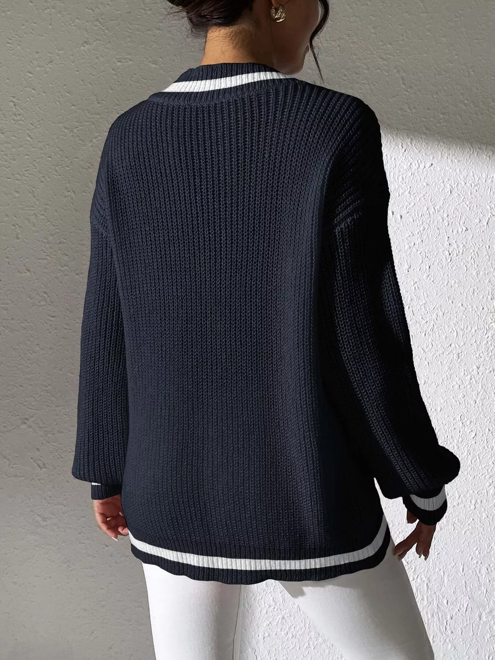 V-Neck Contrast Trim Sweater with Pearl Decor, image 8