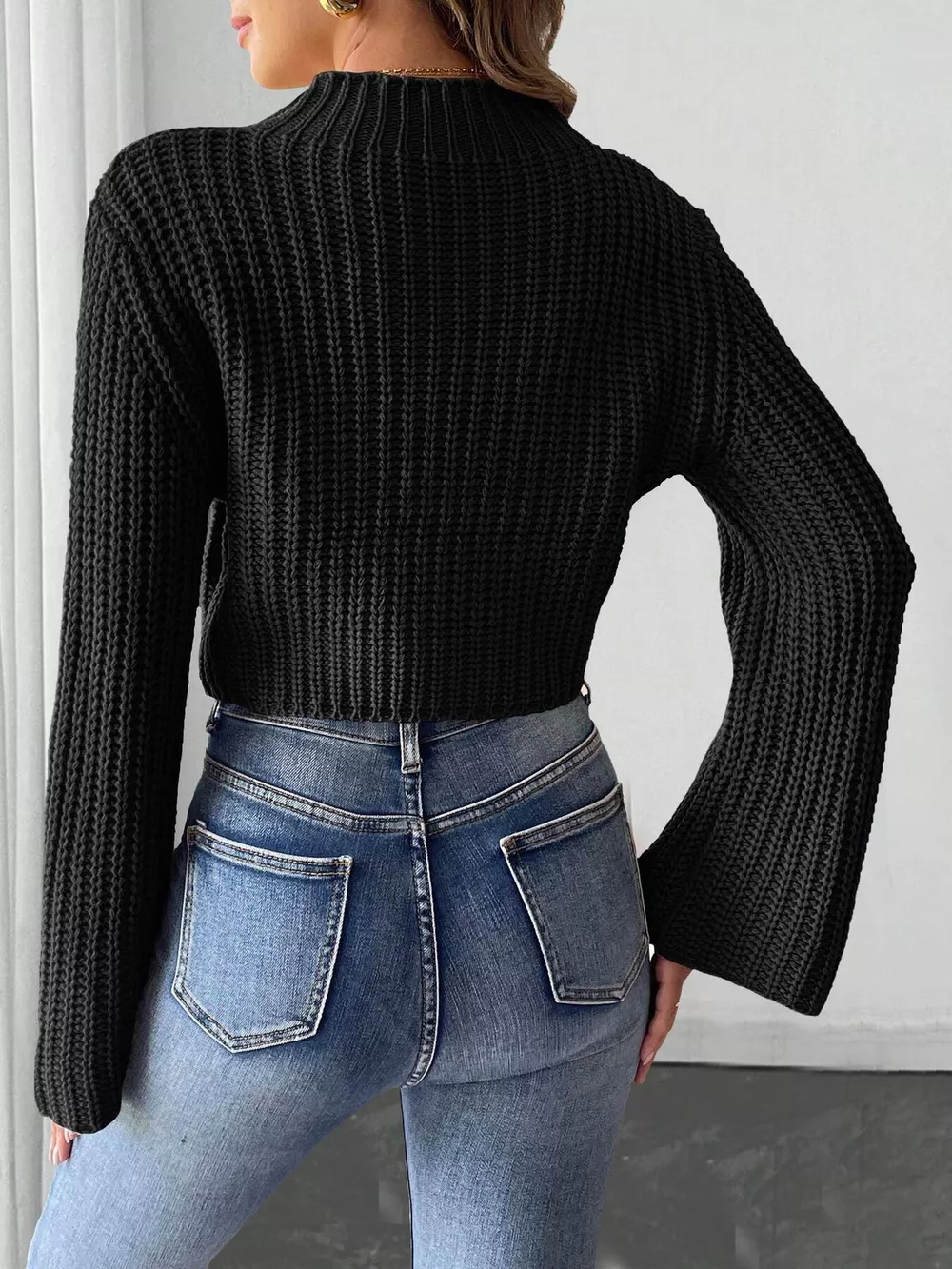 Bow-Decorated Mock Neck Cropped Sweater, image 8
