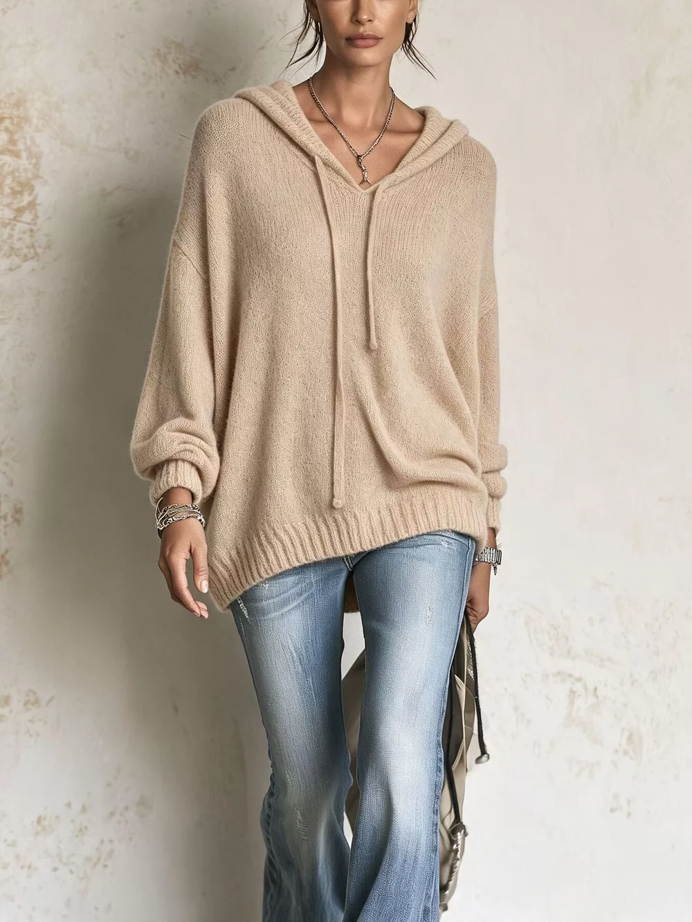 Full Size Drawstring Ribbed Hem Hooded Sweater Plus Size, image 2