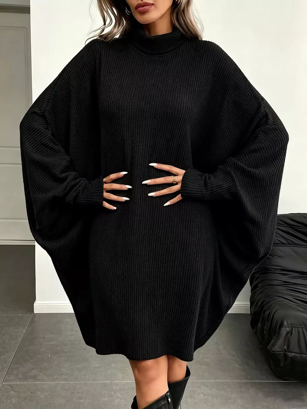 Oversized Batwing Sleeve Ribbed Knit Turtleneck Dress, image 6