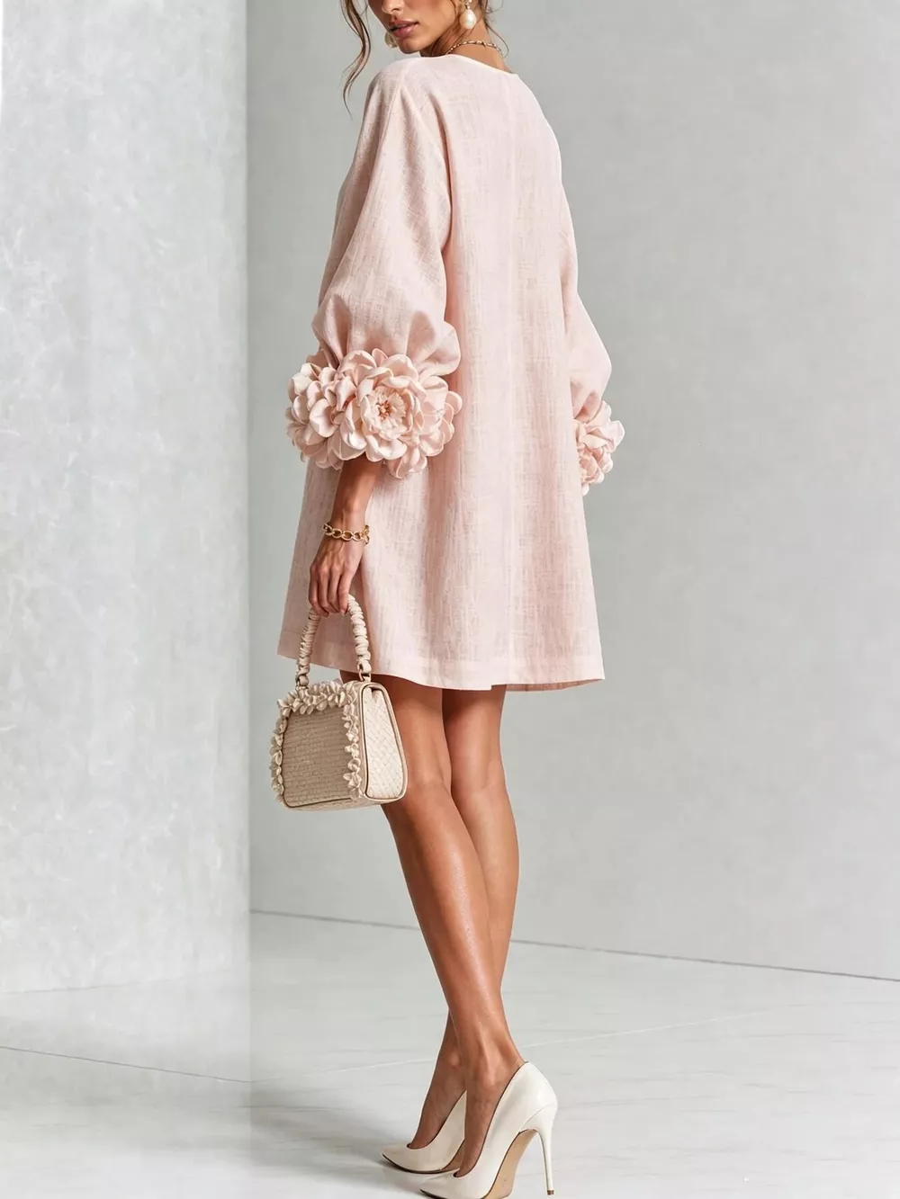 Full Size 3D Floral Sleeve Round Neck Dress Plus Size, image 2