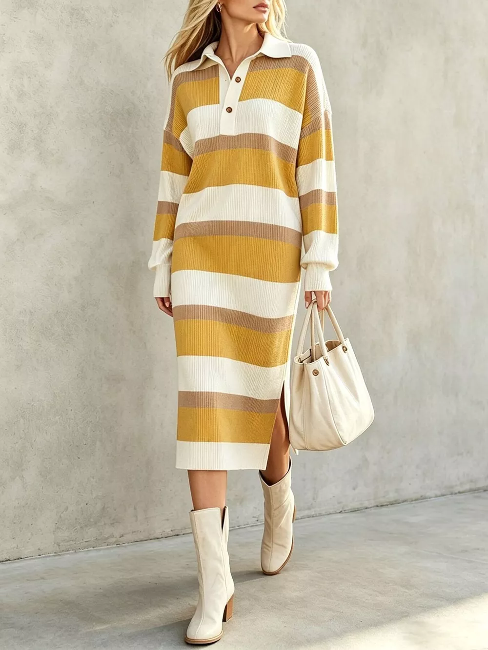 Striped Polo Collar Long Sleeve Sweater Dress, image 5