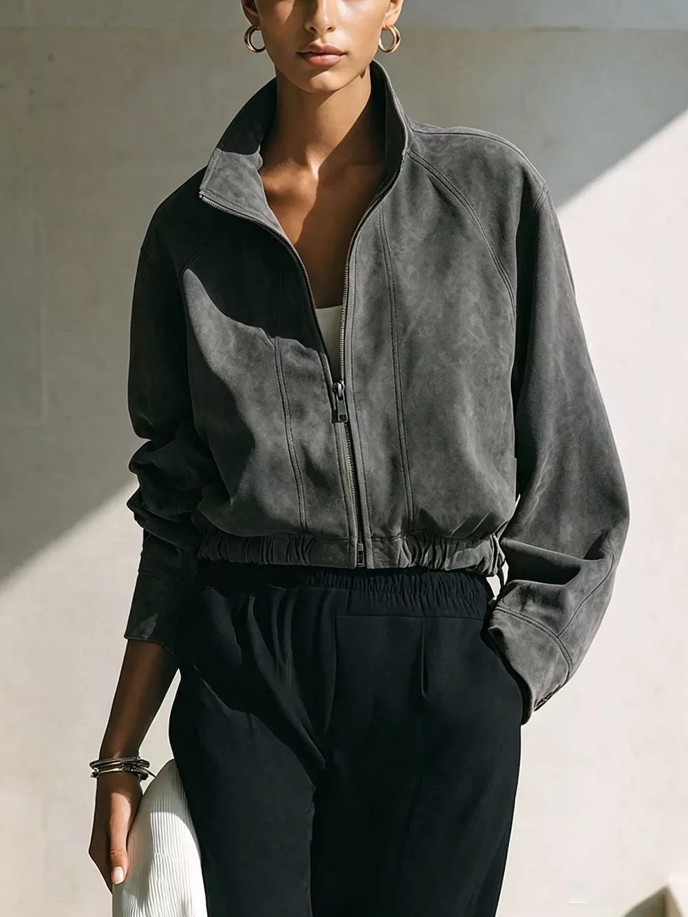 Suede Zip-Up Stand Collar Cropped Jacket, image 4