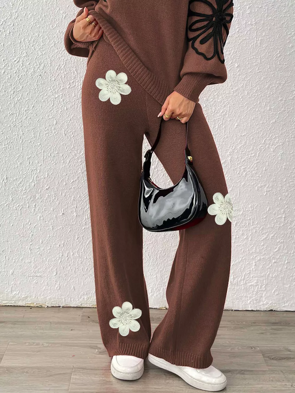 High-Waisted Wide-Leg Sweater Pants with Floral Beaded Decor, image 5