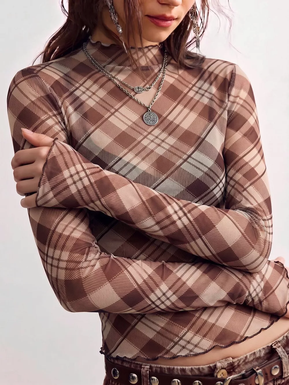 Sheer Mesh Plaid Mock Neck Long Sleeve T-Shirt, image 3