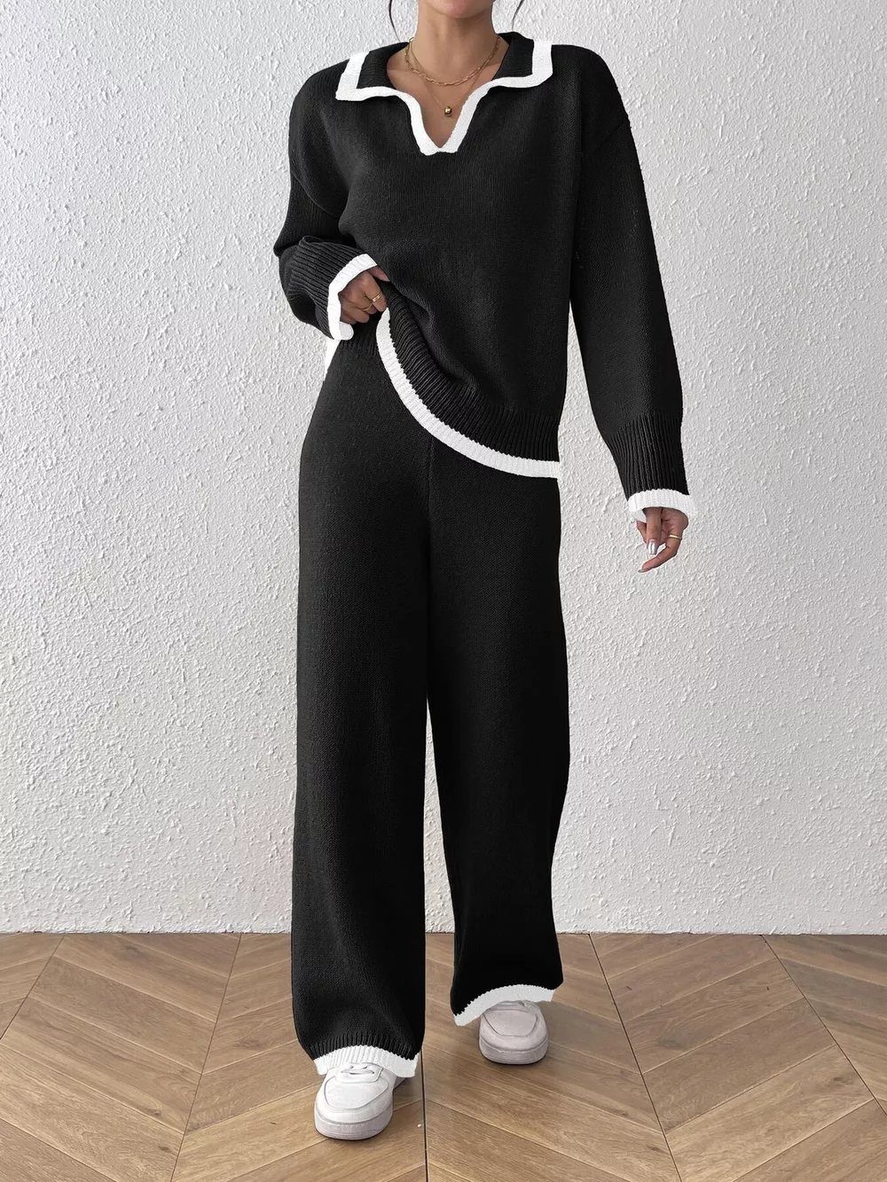 Contrast Trim Polo Collar Top and Pants Sweater Set, image 9