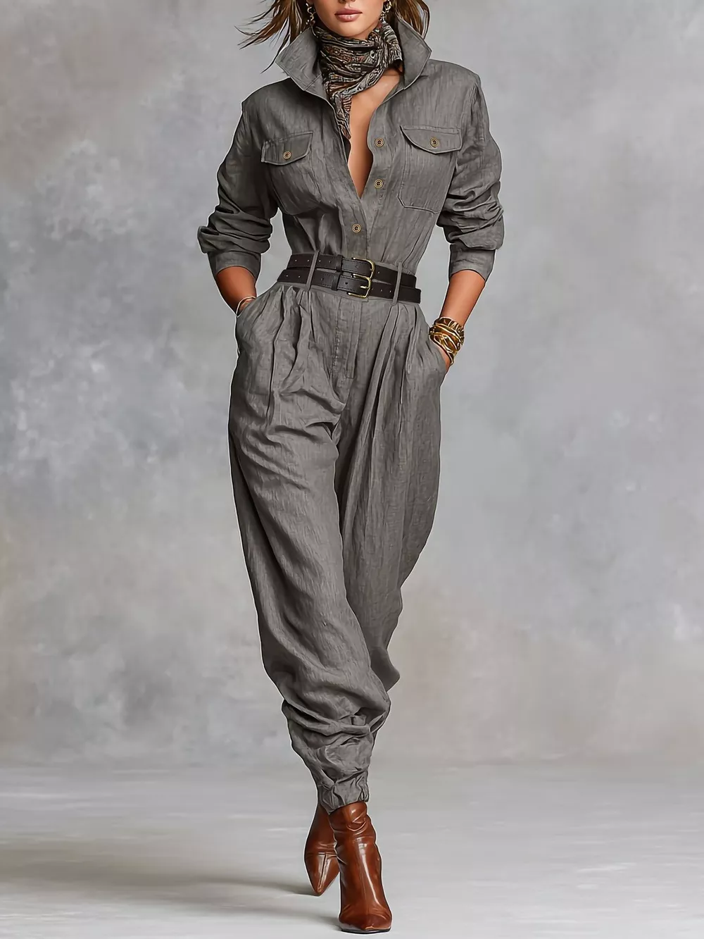 Button Front Long-Sleeve Jumpsuit
